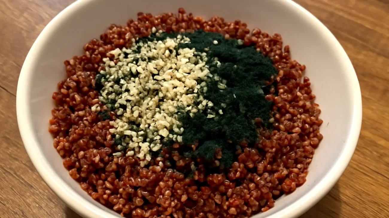 Salade de quinoa rouge aux graines de chanvre et spiruline"