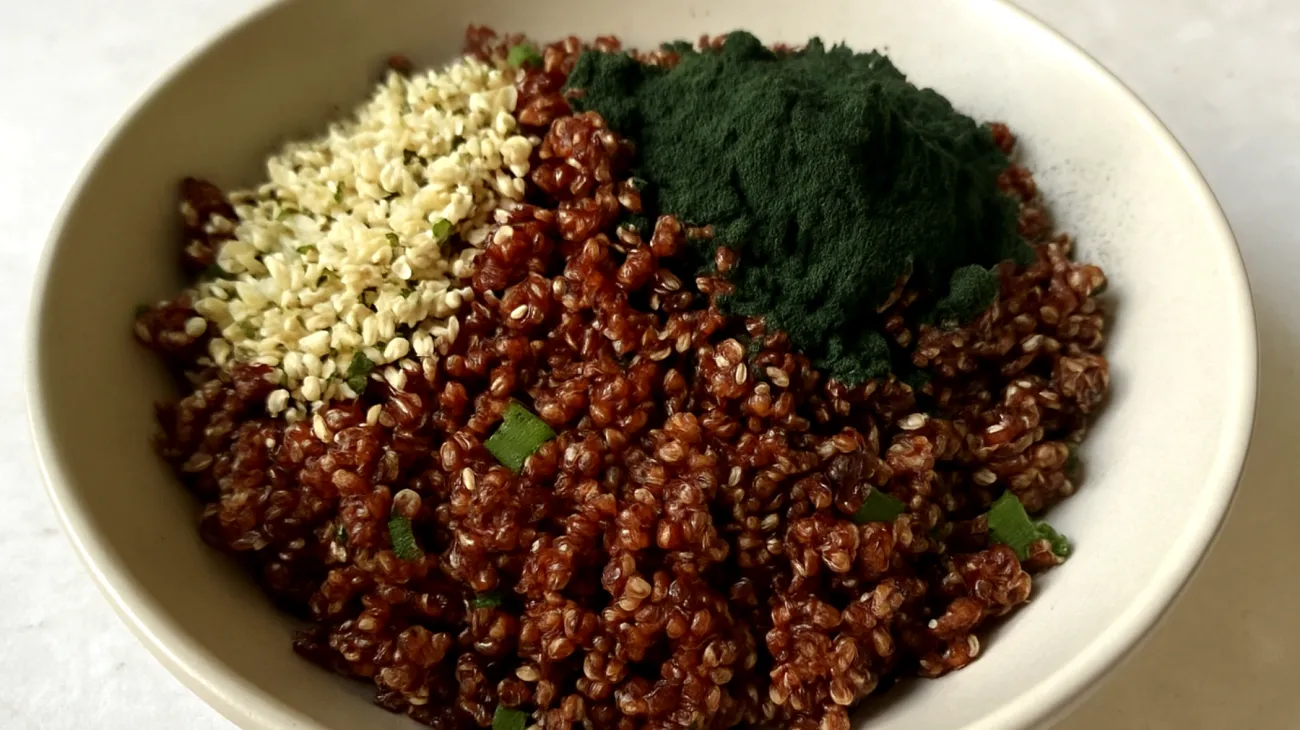 Salade de quinoa rouge aux graines de chanvre et spiruline"